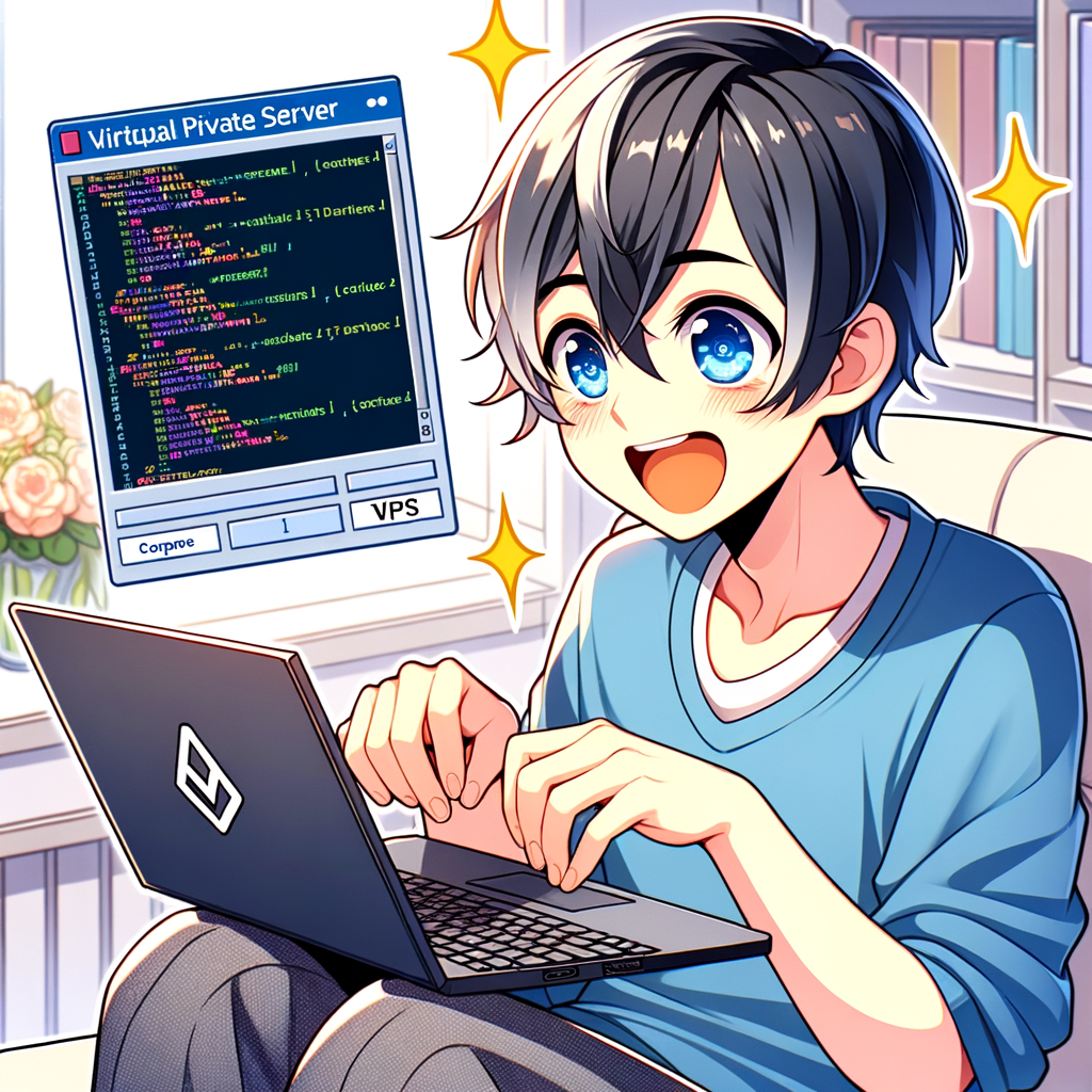 XServerVPS アニメ風 男の子 プログラミングをしている VPSを利用している 楽しそうにしている